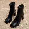 Fashion French Retro High Heel Black Ankle Boots Women 2025 Winter Brand Design Square Toe Woman's Chelsea Boots Back Zip Solid Booties