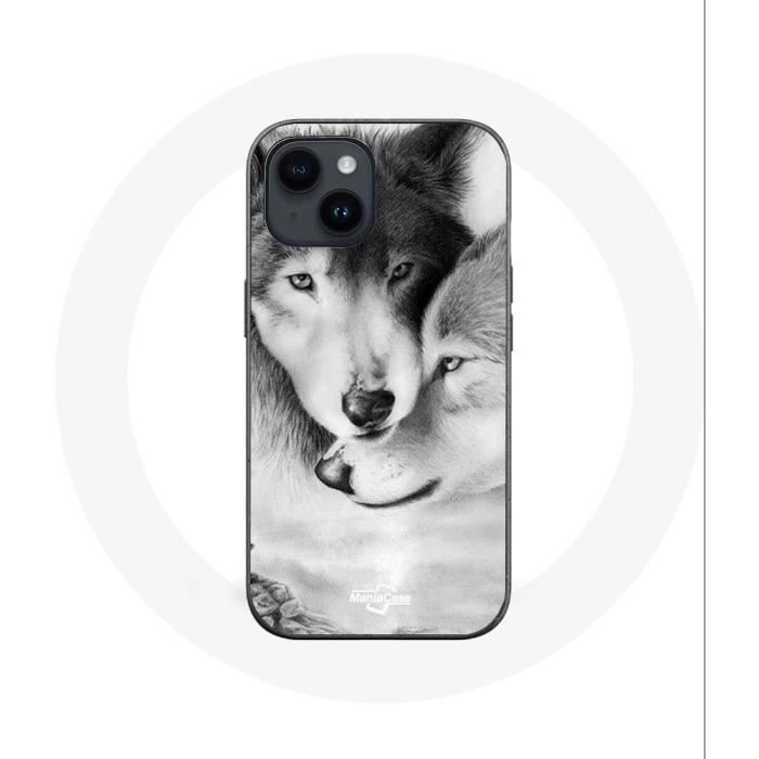 Coque pour Iphone 14 - Maniacase - Loup Duo animaux - Souple - Noir - Mixte