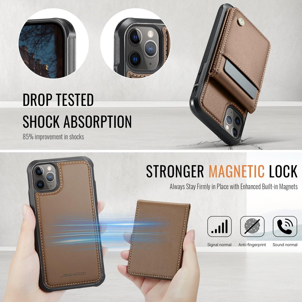 For iPhone 11 Pro Leather Back Cover Compatible with MagSafe JEEHOOD J06 Phone Case with Card Bag RFID Blocking