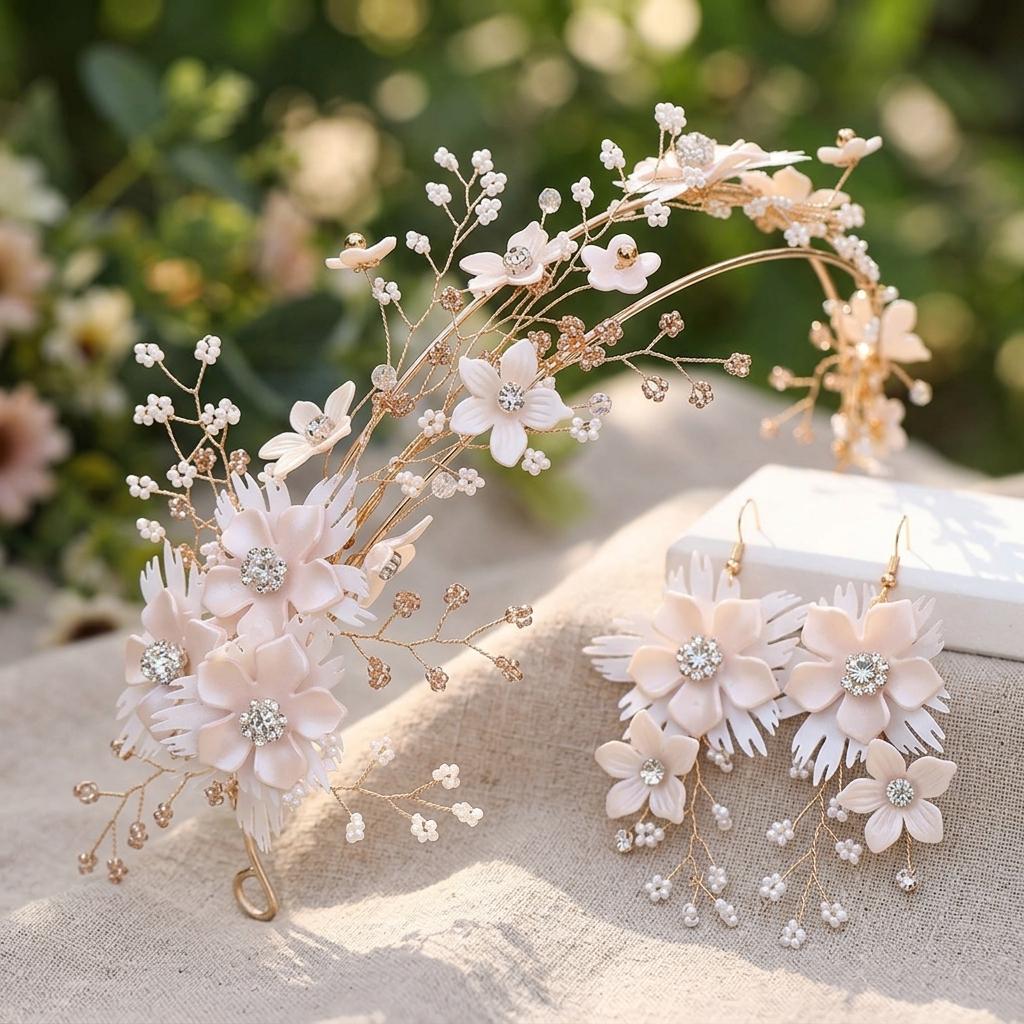 Flower Hairband Earring Set For Wedding Photoshoot Floral Headwear