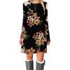 Spring Autumn Women Long Sleeve Round Collar Flower Printed One Piece Dress