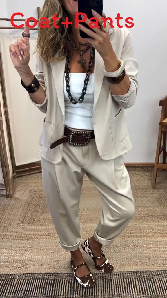 Women Spring Casual Suit Set With Blazer And Pants For Office And Daily Wear