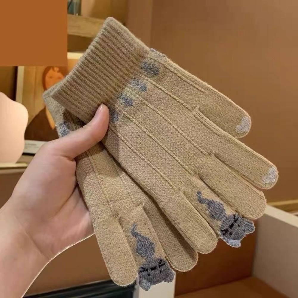 Warm Lining Winter Thermal Gloves Kitty Pattern Full Finger Gloves Nylon Knit Gloves Daily Wear