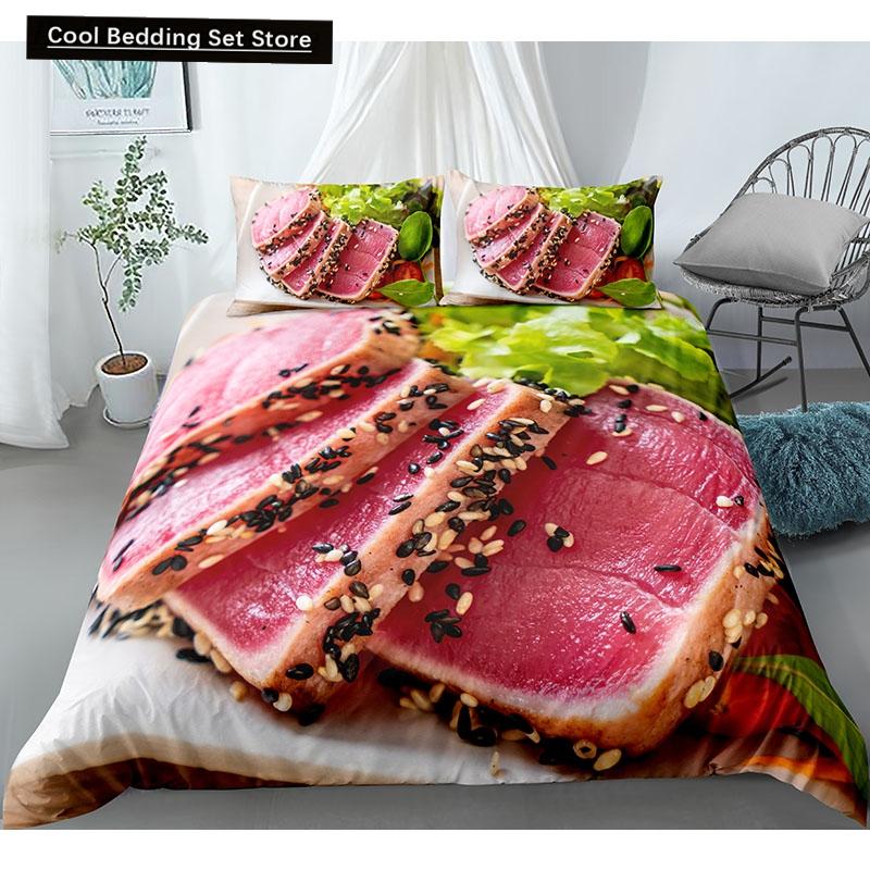Еда Говядина Комплект постельного белья 3D Свежее мясо Пододеяльник Кинг/Квин Сайз Вкусные морепродукты Сашими Голень Стейк Реалистичный Пододеяльник