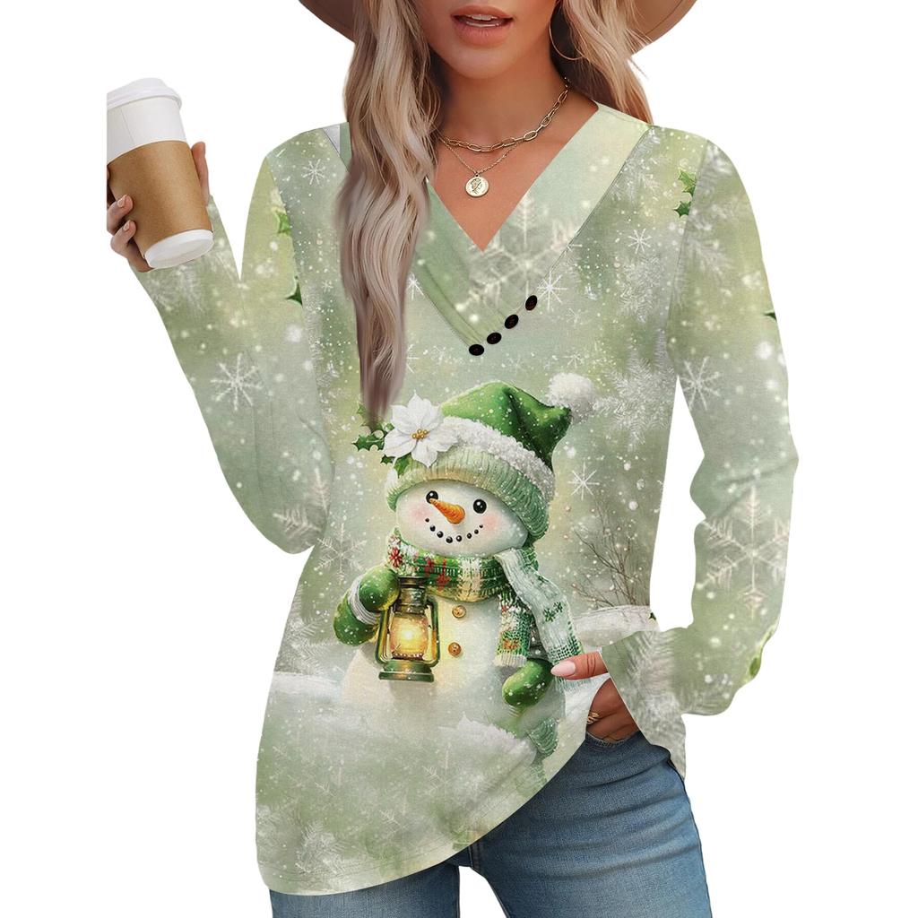 Women's Fashion Casual V-neck Pleated Christmas Long Sleeve Top