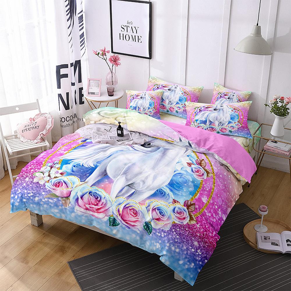 Home Textiles Rainbow Unicorn Bedding 3D Digital Printing Quilt Set Three-Piece Set