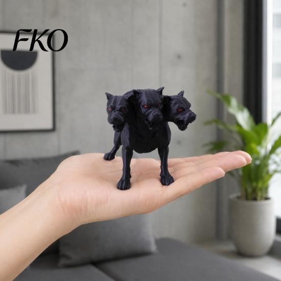 Fantasy Dog Figure 3D Printed Three-Headed Figurine, 3 Heads Black Sculpture, Red Eye Figurine Horror Mythical Animal Ornament for Home