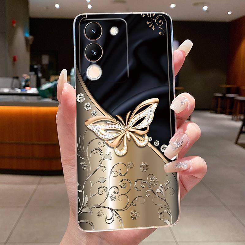 Phone Case For Vivo V29e V27e 5G Slim Soft TPU Cover Clear Silicone Aesthetic Luxury Fashion Butterfly Flowers New Design Case