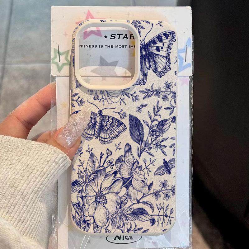 Vintage Blue Butterfly Flower Lichee Pattern Phone Case For iPhone 17 Air 16 Pro Max 15 Plus 13 12 Pro Max X XR XS Soft Cover