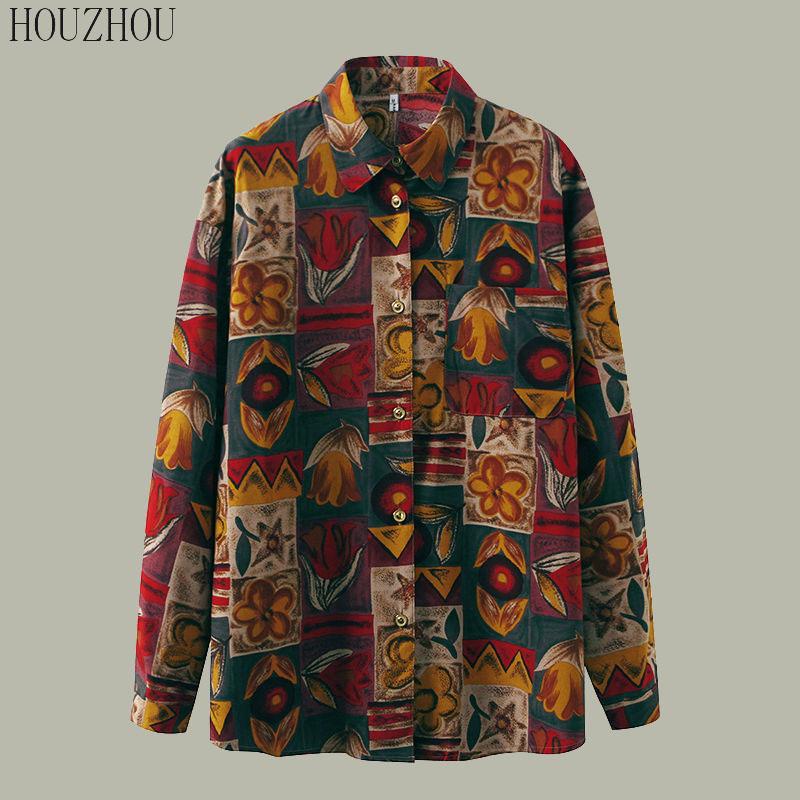 HOUZHOU Printed Blouses Women Loose Vintage Elegant Chic Casual Ins Oversized