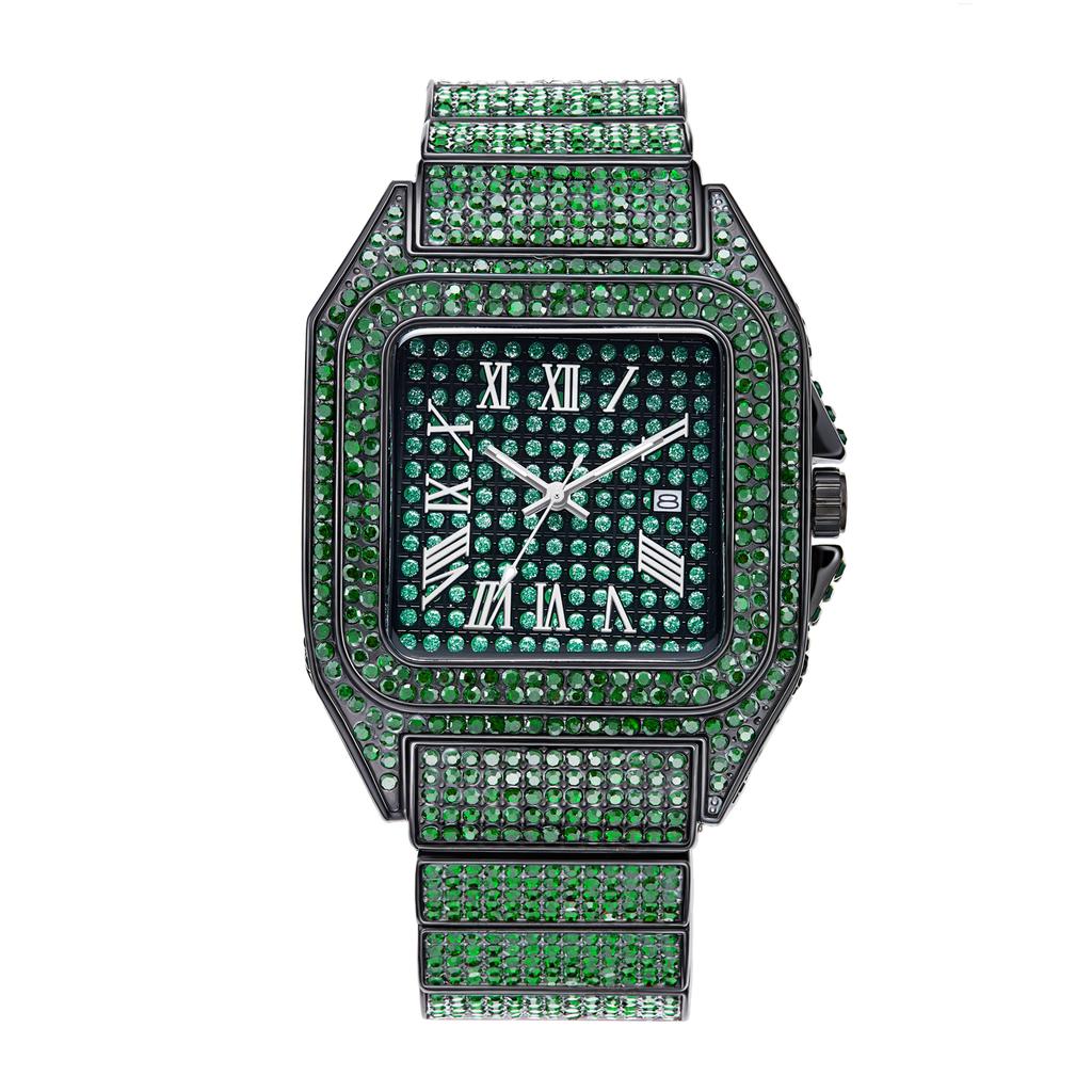Black Spiked Diamond Quartz Watch Hip Hop Bling Full Crystal Wristwatch Men's Punk Style Daily Wear Jewelry with Gift Box