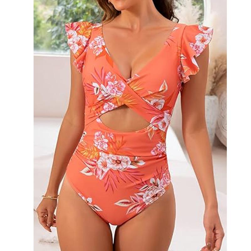 European and American Style Women Fashion Ruffled Cut Out Bikini Tummy Control Swimwear Push Up Monokini Swimsuit One Piece Backless Bathing Suit
