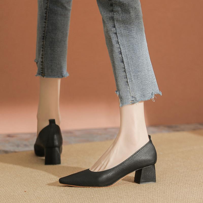 Мягкая кожа, не устают ноги, квадратный носок, высокий каблук, средний каблук, толстый каблук, туфли-лодочки, женские туфли для бабушки, новые