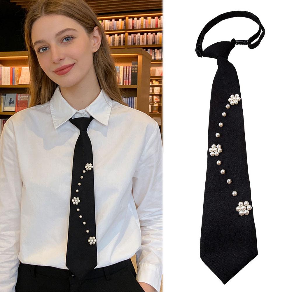 Elegant Preppy Style Women Pearl Tie Bead Long Necktie Versatile Academic College Shirt Necktie Uniform Accessories