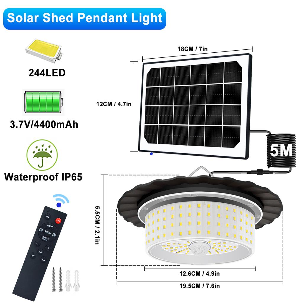Solar Shed Light Indoor Outdoor with Motion Sensor Solar Pendant Light 5 Mode Timers Waterproof Gazebo Garage Shop Barn Home