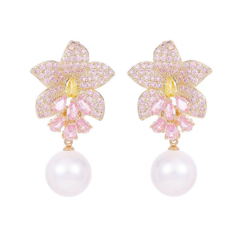 Новые элегантные серебряные серьги-иглы Flower Blossom Rich Light Luxury High Sense Zircon Flower Pearl Earrings