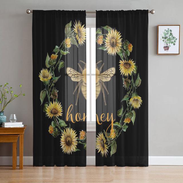 Bee Azalea Retro Flower Tulle Curtains For Living Room Bedroom Decoration Modern Chiffon Sheer Voile Kitchen Window Curtain
