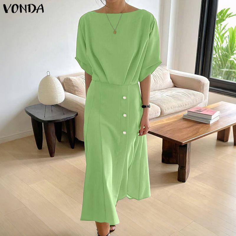 VONDA Women Elegant Casual Scoop Neck 3/4 Sleeve Long A-line Dress