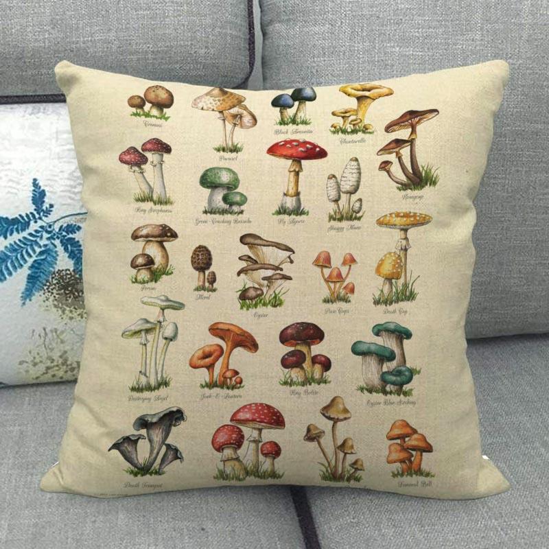 45X45см Наволочка с грибным артом Квадратная на молнии Хлопково-льняные наволочки Спальня Дом Офис Декоративная наволочка WJY12.25