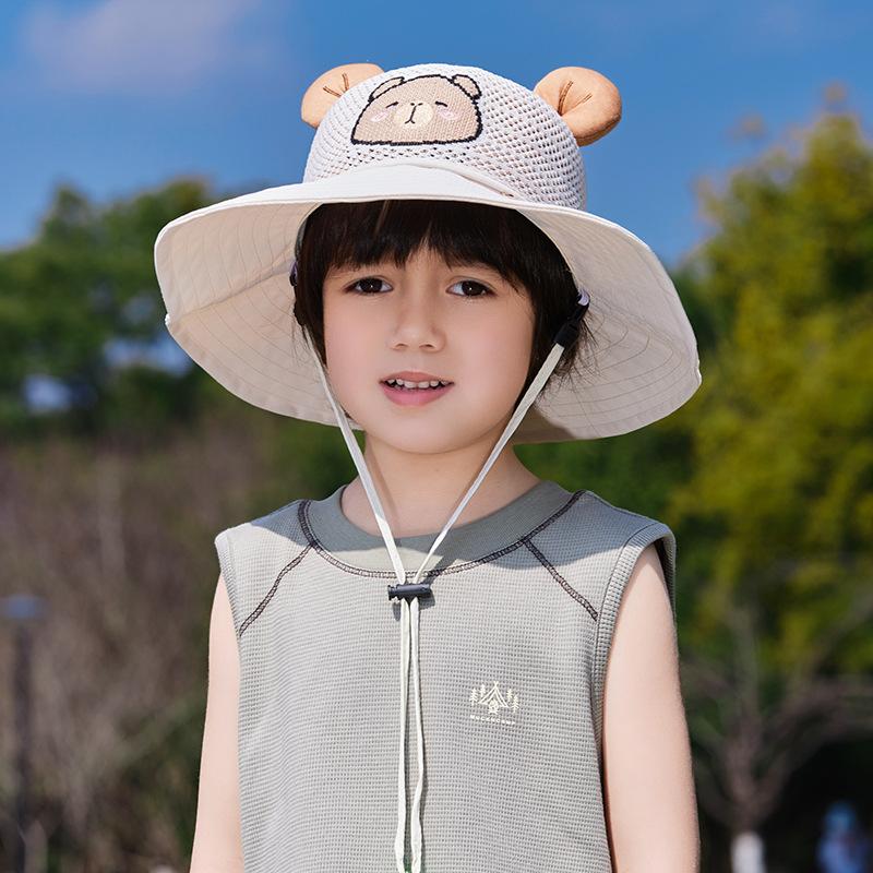 Kids Summer UV Protection Sun Hat Boys Girls Cartoon Mesh Breathable Wide Brim Fisherman Cap for Outdoor Shade