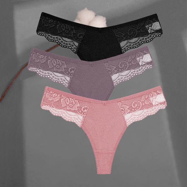 FINETOO Women's Cotton Thongs 3Pcs/set Lace Bikini Underpants S-XL Ladies G-string Underwear Soft Thong Panties Female Lingerie