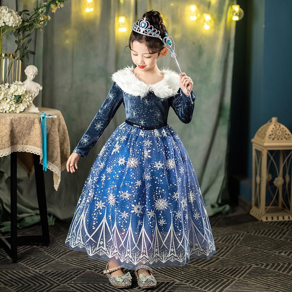 2023 Winter Princess Elsa Dress Christmas Gift Girls Fur Collar Princess Elsa Dress Frozen
