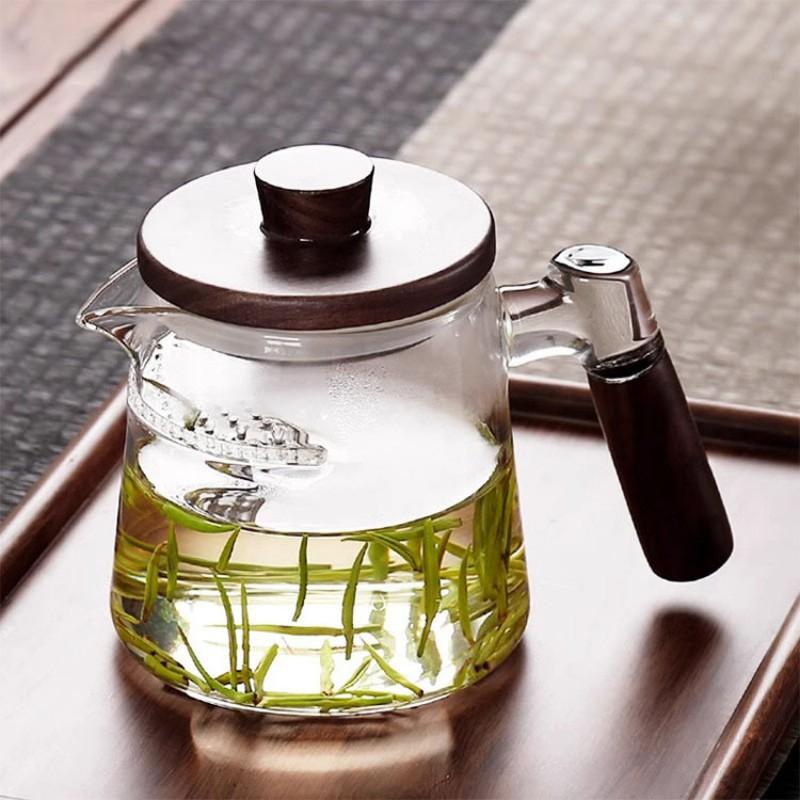 Стеклянный чайник с деревянной ручкой, ситечко в форме полумесяца, для заваривания листового зеленого чая на электрической керамической плите