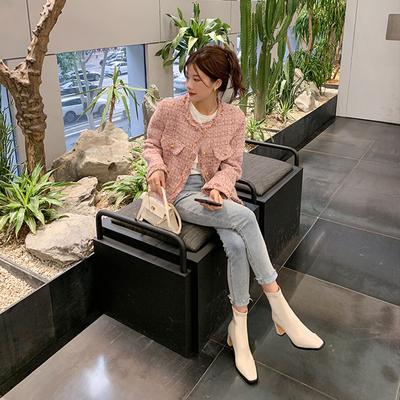 Коричневые комбинированные короткие ботинки женские высокий каблук толстый каблук задняя молния квадратный носок 2024 новый зимний корейская версия эластичные тонкие ботинки