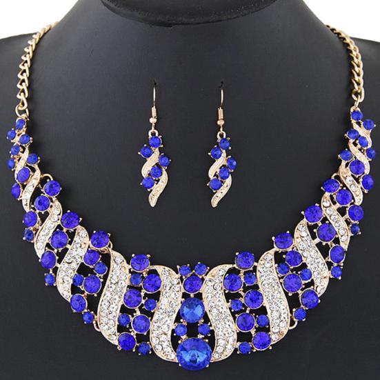 Women Rhinestone Spiral Bib Necklace Hook Earrings Statement Party Jewelry Set
