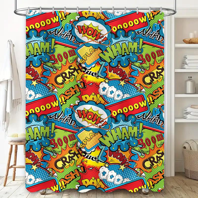 Comic Book Style Shower Curtain Superhero Theme Home Decor Bath Rug Tpu Waterproof Bathroom Liner For Kids Bathrooms