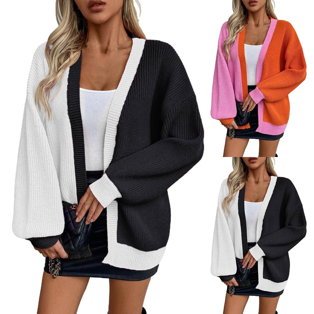 Women's Color Block Sweater Casual Loose Long Sleeved Knitted Cardigan Jacket