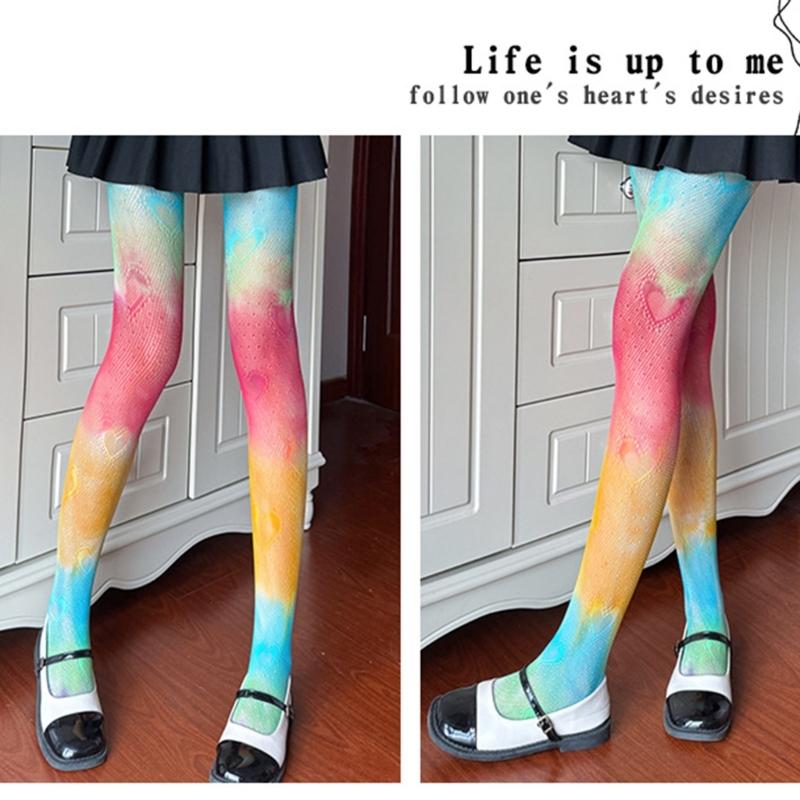 Sexy Gradients Rainbow Colorful Fishnet Tights for Women Candy Color Hollow Lace Jacquard Pantyhose JK Stockings Leggings
