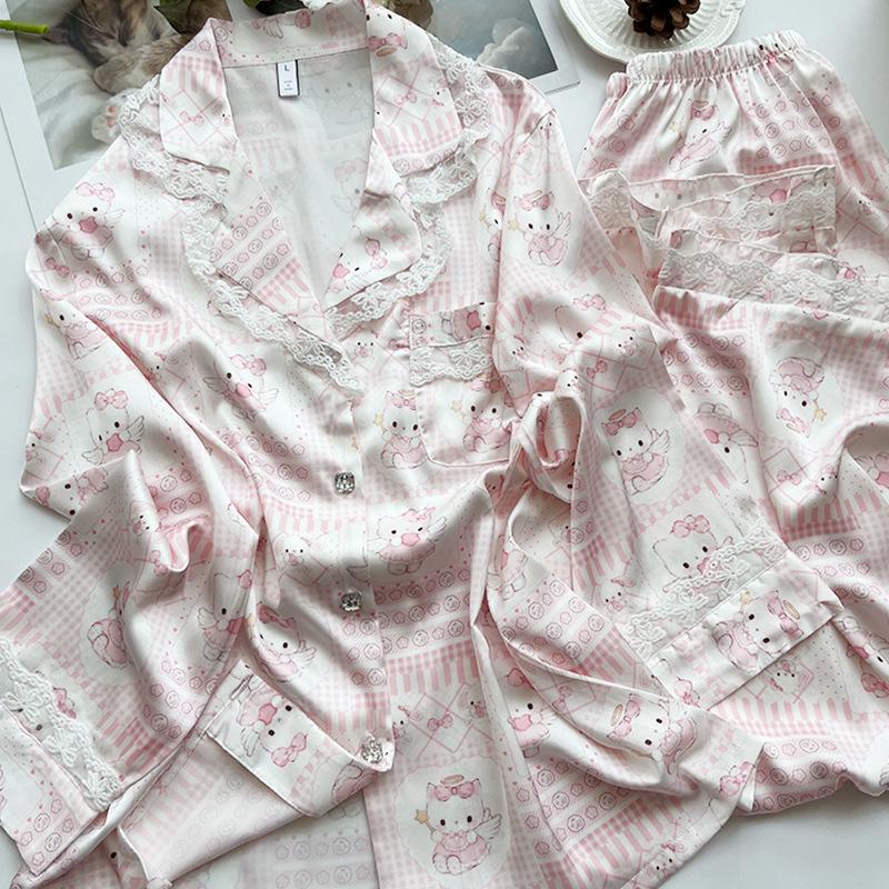 Moe-Style Sweet Pink Kitten Pajamas: Soft Silk, Long-Sleeved & Long Pants for Women - Spring & Autumn Collection