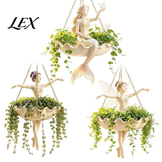 Vintage Style Hanging Basin Fairy Ballet Dancer Mermaid Planter, Resin Decorative Flower Pot with Metal Chain, Wall Vase Outdoor Indoor Garden