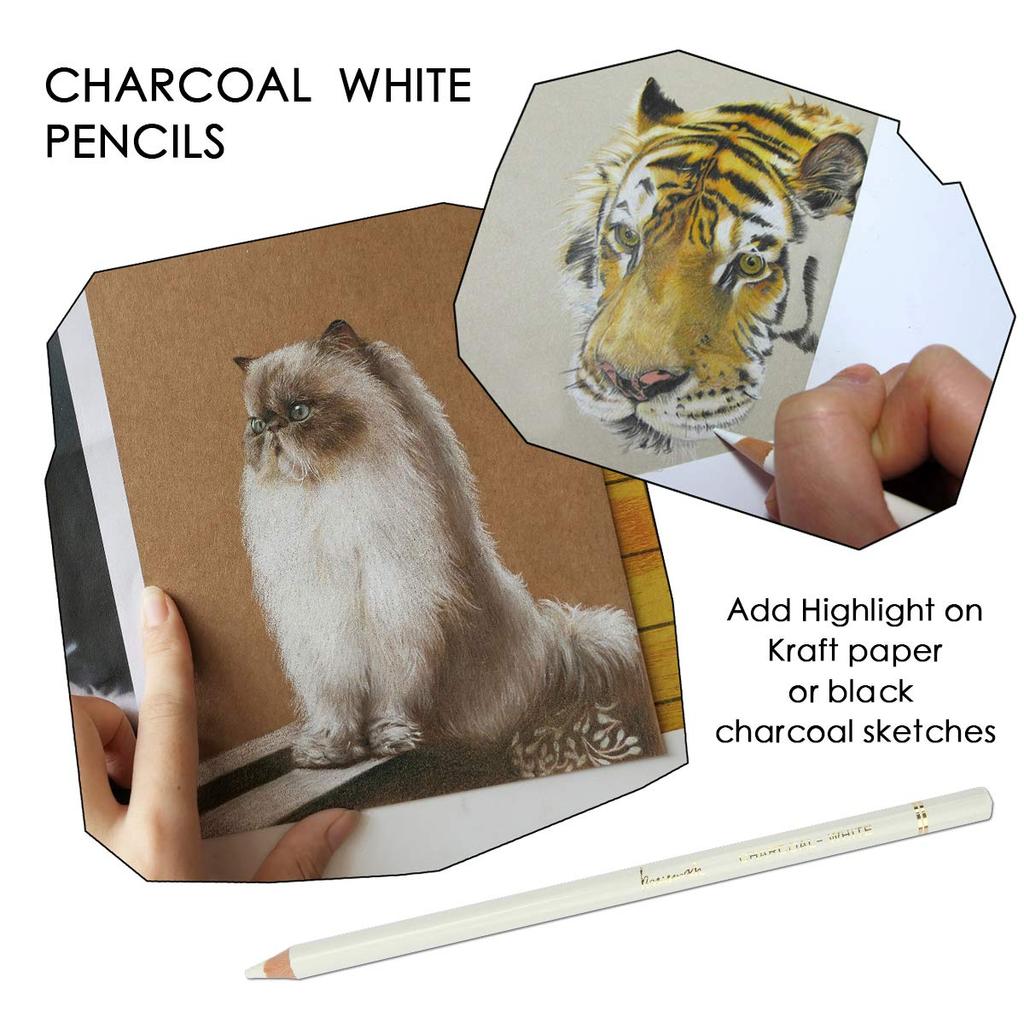 Набор белых угольных карандашей Brusarth Professional Набор из 3 белых карандашей для набросков и выделения - Рисование, Эскизирование, Штриховка, Растушевка,