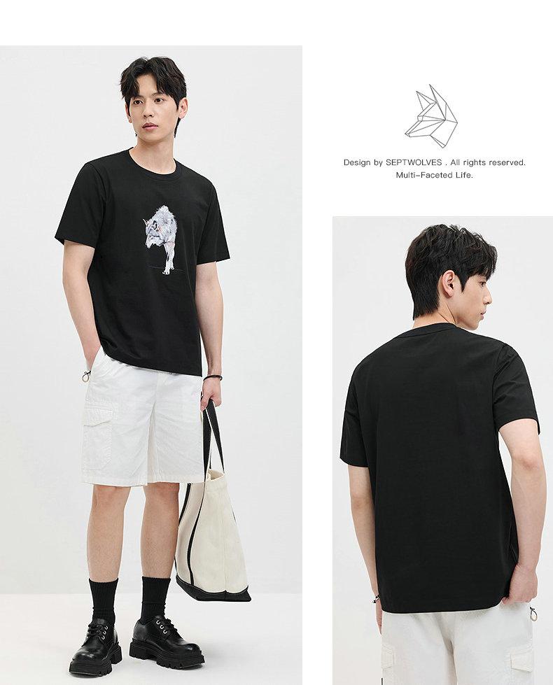Cool antibacterial plain weave realistic wolf print short sleeved round neck T-shirt