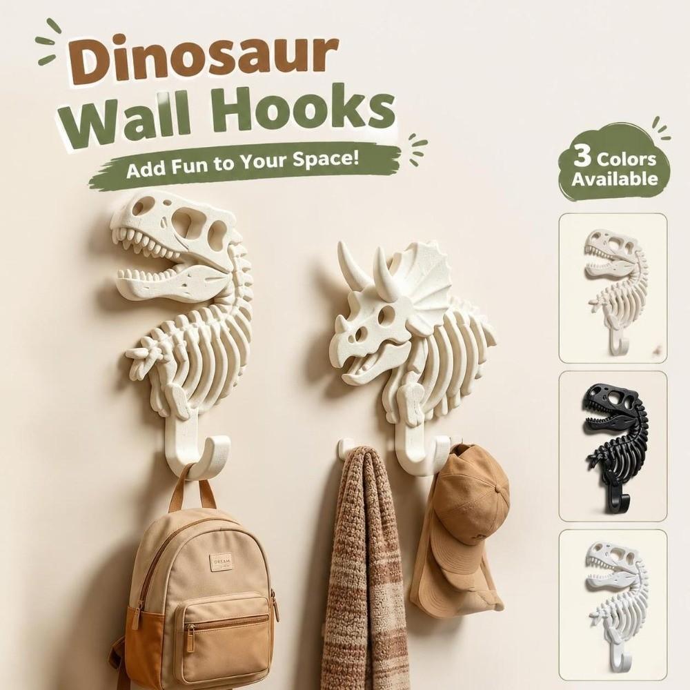 2Pcs Strong Adhesive Wall Mounted Hooks Dinosaur Silhouette Plastic Coat Hooks For Schoolbag Towel