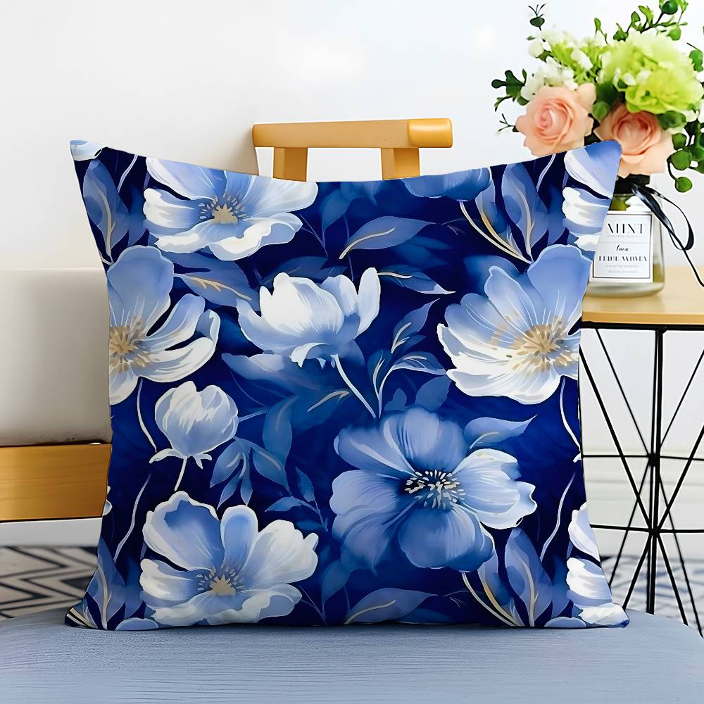 Elegant Blue Floral Pattern Pillow Case Printed Brushed Fleece Pillow Baby Skin-Touch Eco-Friendly Dye-Sublimat
