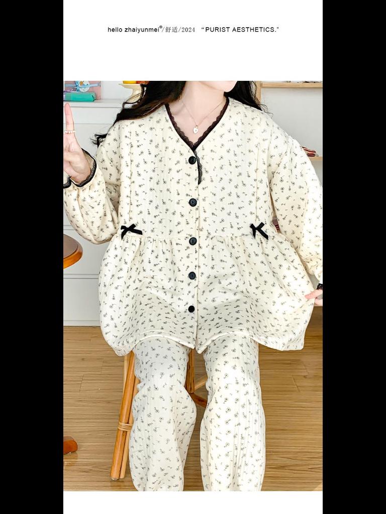 Теплая пижама для беременных из воздухопроницаемого хлопка с прослойкой 2024 года — осенне-зимний кардиган с круглым вырезом и возможностью кормления грудью.