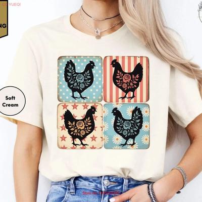 Patriotic Floral Chicken T Shirt 4th of July Lover American Farmer Vintage Washed Fashion Homme Streetwear Unisex Casual