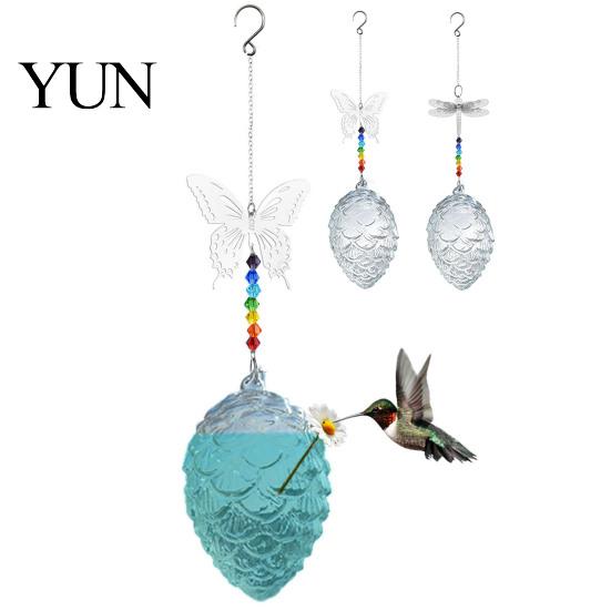 Hanging Bird Feeder with Beads Pine Cone Shape Glass Hummingbird Butterfly/Dragonfly Decor, Outdoor Transparent Nectar Container Water Chain