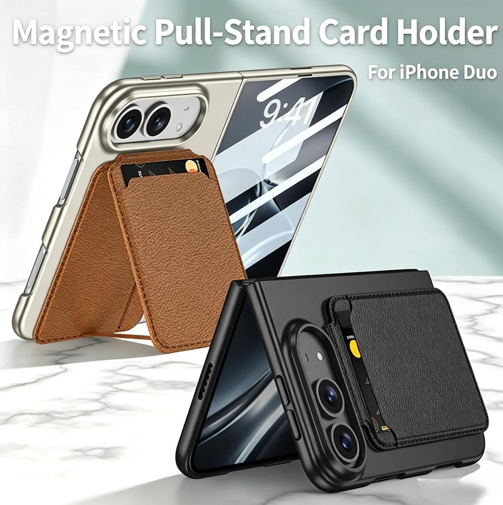 Shell Film Integrated Magnetic Wallet Case For iPhone Duo, Pull Strap Stand, Strong Magnet PU Leather Cover