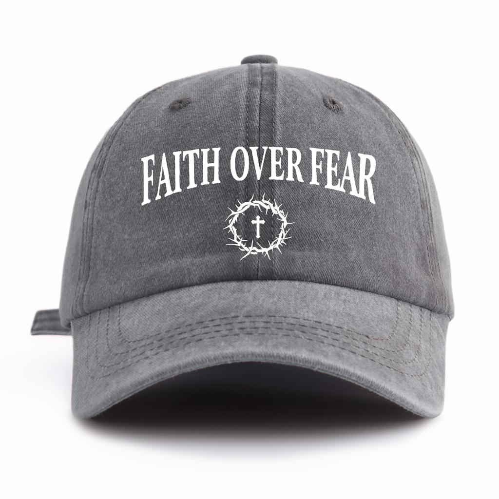 1 шт. Стильная washed бейсболка FAITH OVER FEAR для взрослых, Минималистичный ретро-стиль, Повседневная, Мягкая, Регулируемая, Шляпа папы, Идеально подходит в качестве подарка