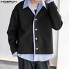 Spring Men Lapel Neck Long Sleeve Striped Patchwork Shirts Buttons Corduroy Tops