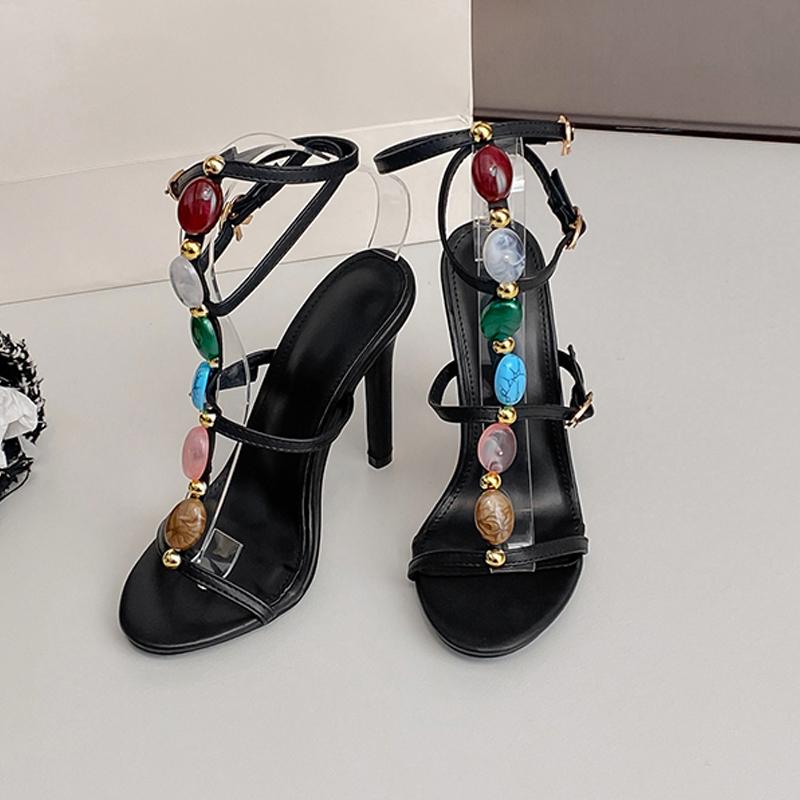 Сексуальные женские босоножки с цветным украшением на щиколотке, узкие открытые босоножки на высоком каблуке для вечеринок в ночном клубе, римские туфли