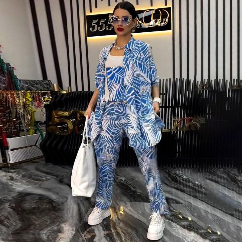 Womens 3-Piece Set Floral Print Sleeveless Top Wide Leg Pants Casual Streetwear 2025