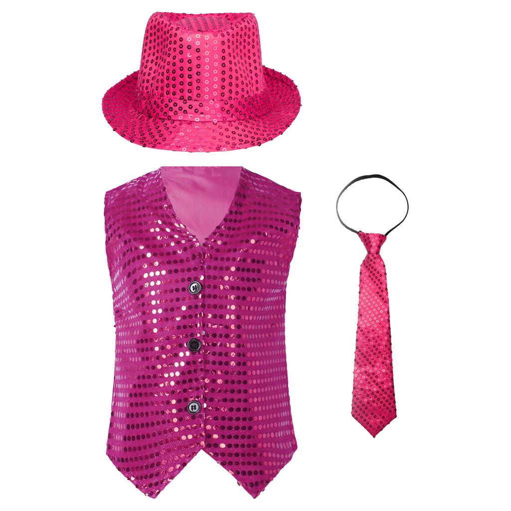 Жилет для джазовых танцев для мальчиков и девочек, без рукавов, с V-образным вырезом, с блестками и пуговицами, подходящая шляпа и галстук для выступлений на сцене