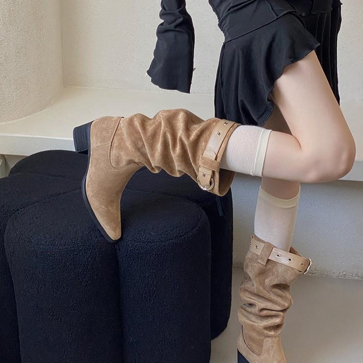 Soft-soled Retro Stacking Boots Thick-heeled Short Boots Women's 2025 New Autumn Long Tube Slim Western Cowboy Martin Boots Tide