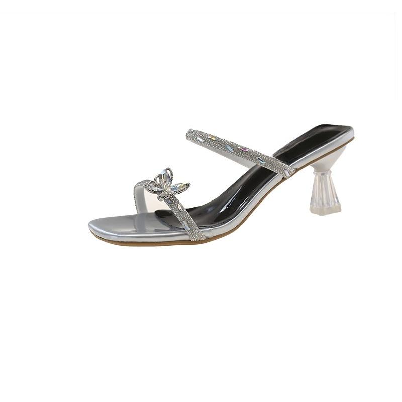 Fashion Small Square Heel Sandals Summer New Square Head Crystal Butterfly Knot Set Foot Non-slip High Heel Flip-flops