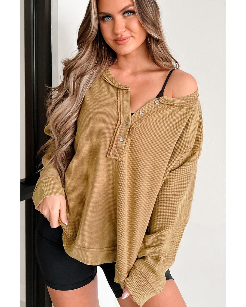 Azura Exchange Camel Textured Knit Half Button Drop Shoulder Oversized Top